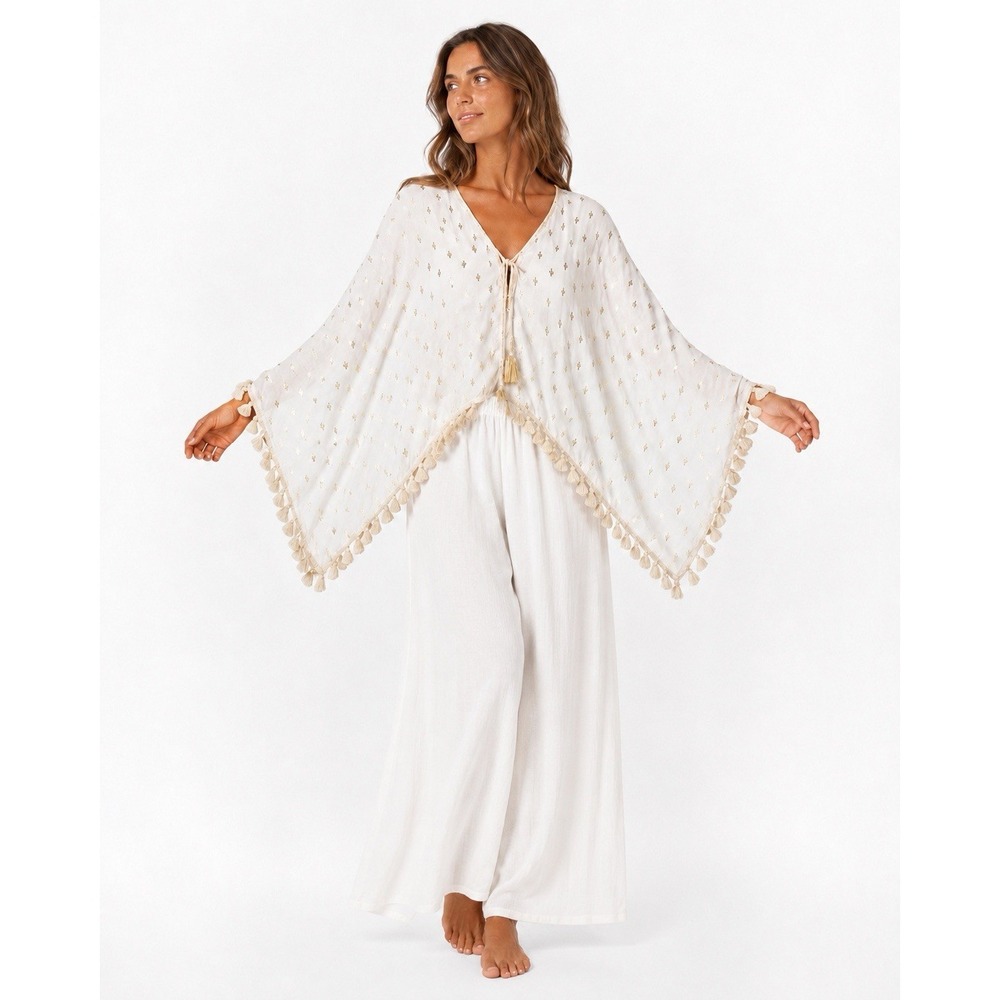ZA Gold Cactus Print Poncho Cover Up Tassel Fringe Boho Beach L